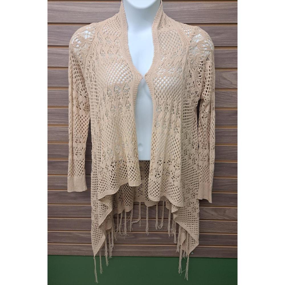 NEW VERTE women's crocheted open sweater with fringe in beige